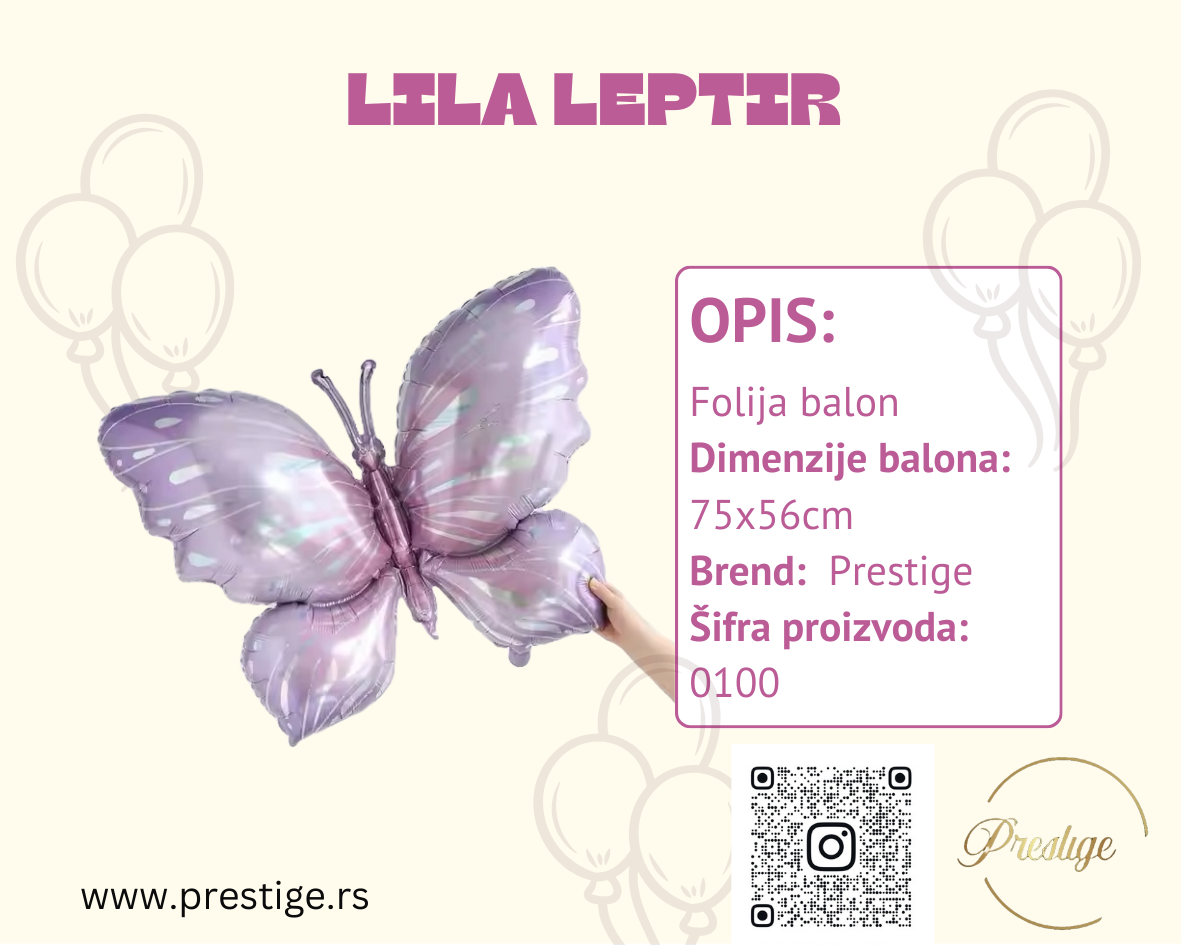 Lila leptir balon 75cm - Prestige