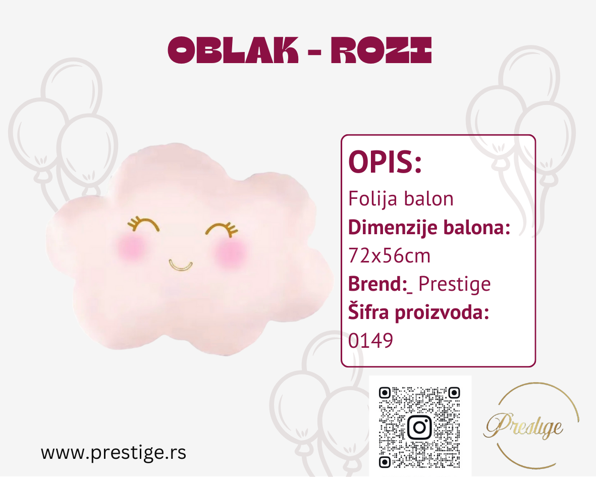 Folija balon rozi oblak 72cm