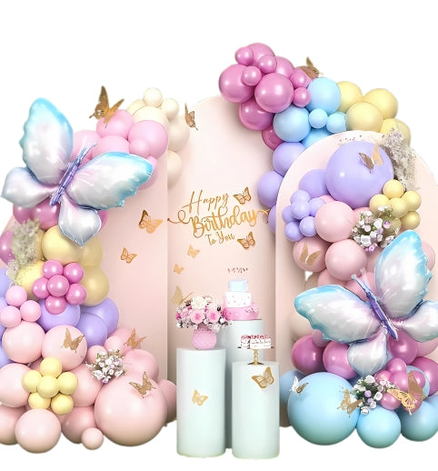 Pastelni baloni sa roze i plavim leptirima – set balona za dečiji rođendan i nežnu dekoraciju