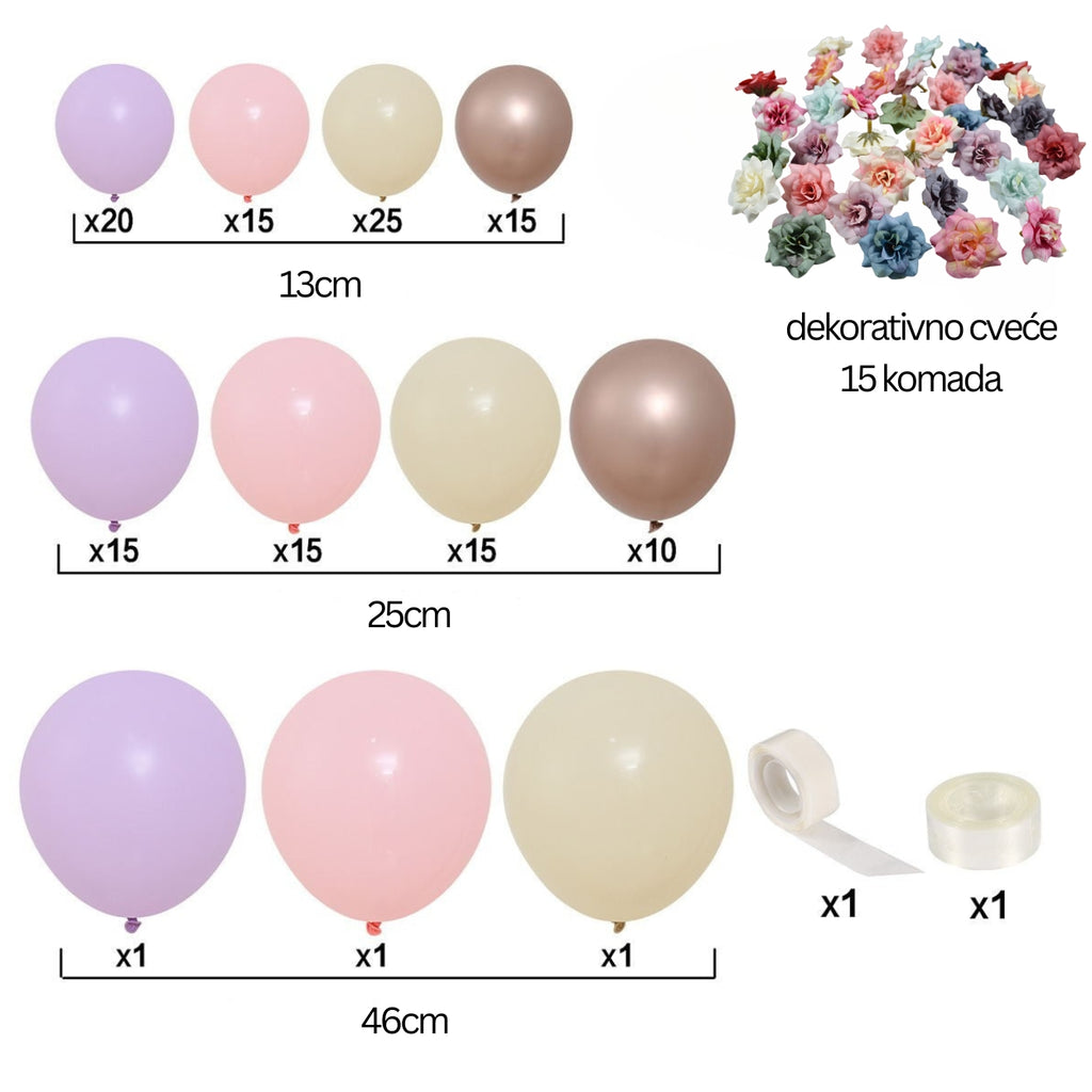 Romantični baloni u roze, ljubičastoj, bež i rosegold nijansi za proslave

