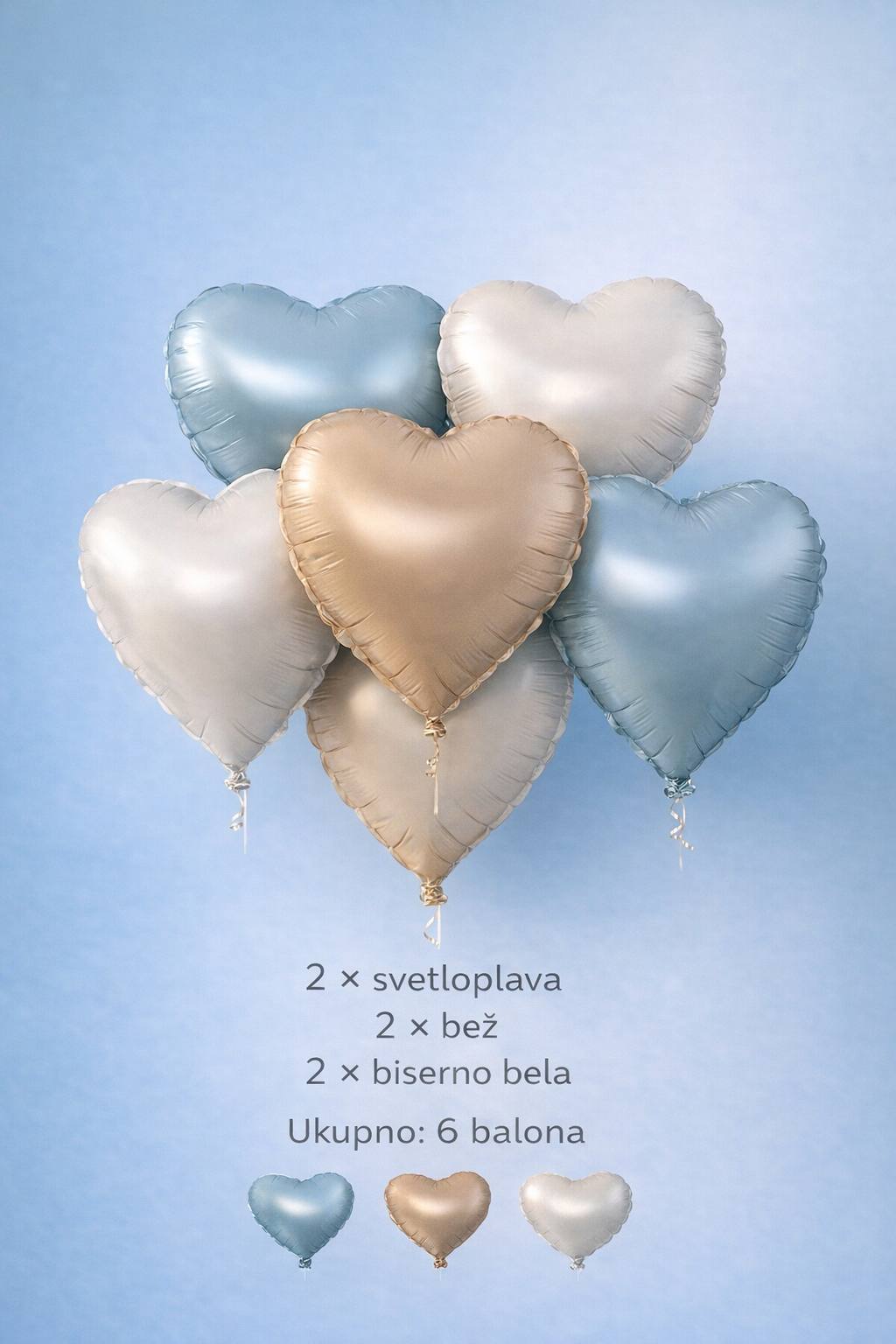 set 6 folija balona srce svetloplava bež bela 12 inča